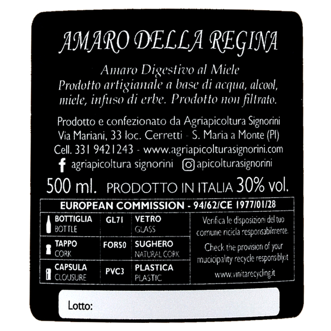 Amaro della Regina - Etichetta bottiglia 500 ml - 30% vol.
