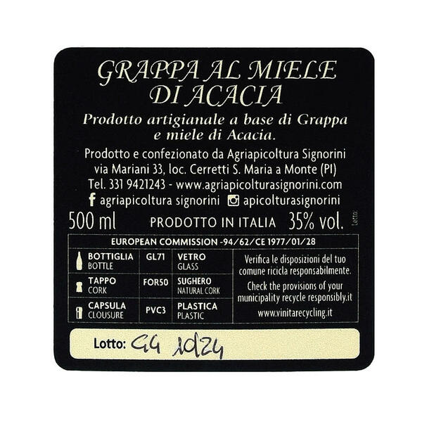 Grappa al Miele di Acacia - Etichetta Bottiglia 500 ml - 35% vol.