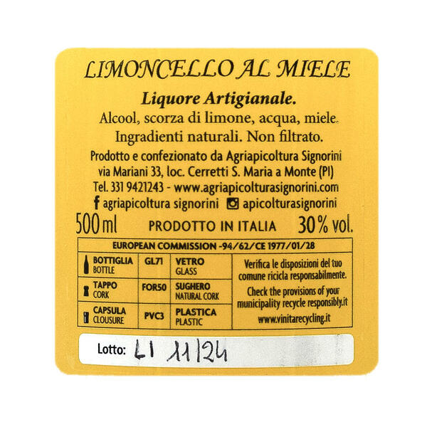 Limoncello al Miele - Etichetta Bottiglia 500ml - 30% vol.